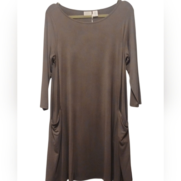 Sigrid Olsen - NWT, Taupe Dress W/ Pockets, Round Neck, 3/4 Sleeves, Size Medium - Picture 2 of 9